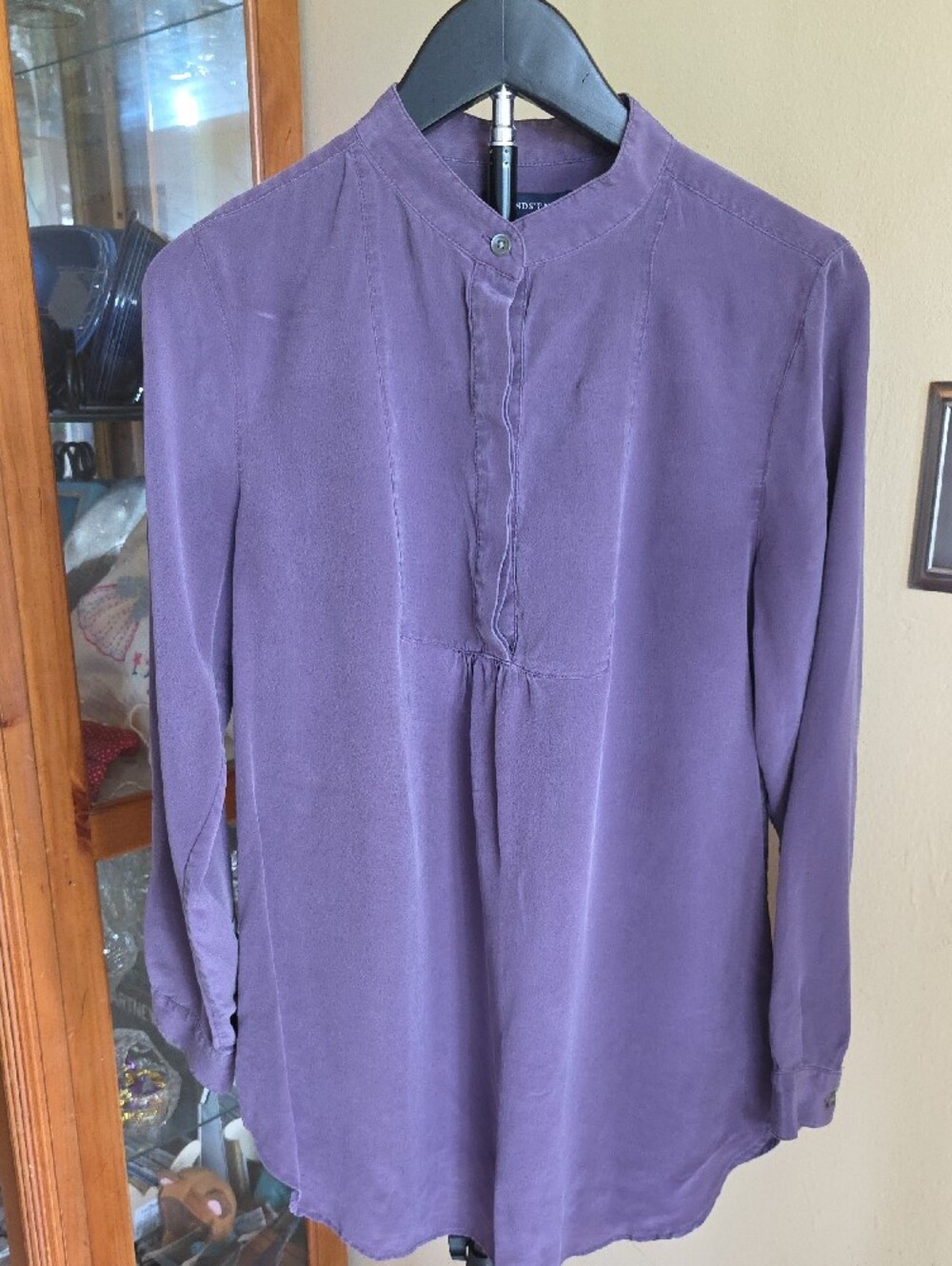 Lands End 100% Silk Womens Purple Long Sleeve Mandarin Collar Blouse  Size 8P